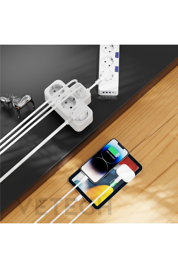 Akım Korumalı Grup Priz Duvar Tipi 3x Priz, 2x Type-C, 1x USB Port Çıkışlı Çoklu Priz - 3