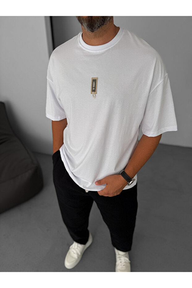 Beyaz G- İpli Patchli Oversize T-Shirt BY-080 - 1