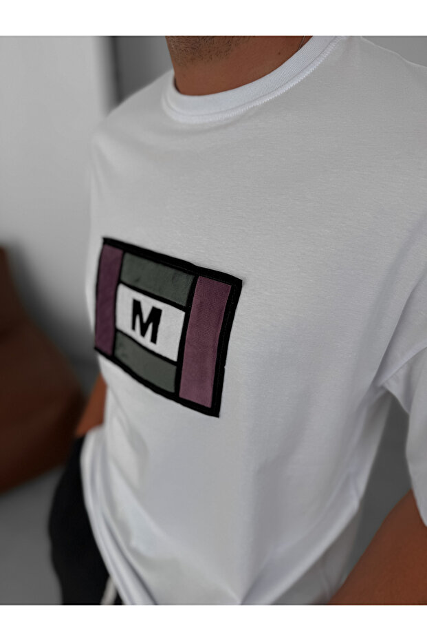 Beyaz Renkli M Patchli Oversize T-Shirt BY-072 - 4