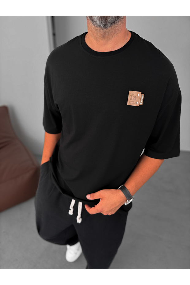 Siyah Fa Patchli Oversize T-Shirt BY-082 - 4