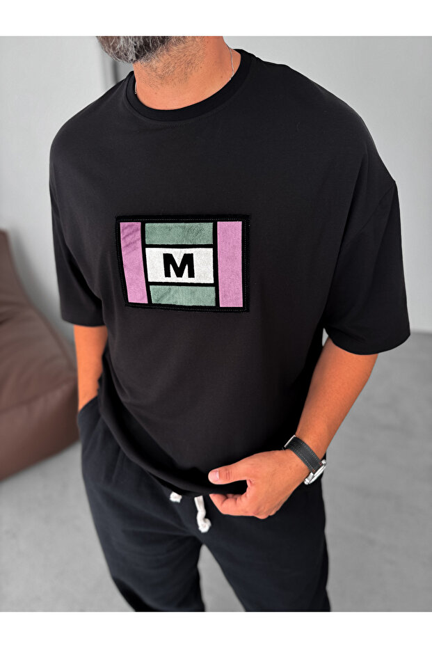 Siyah Renkli M Patchli Oversize T-Shirt BY-072 - 6