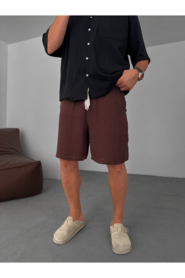 Kahve Müslin Kumaş Basic Şort KE-7002 - 1