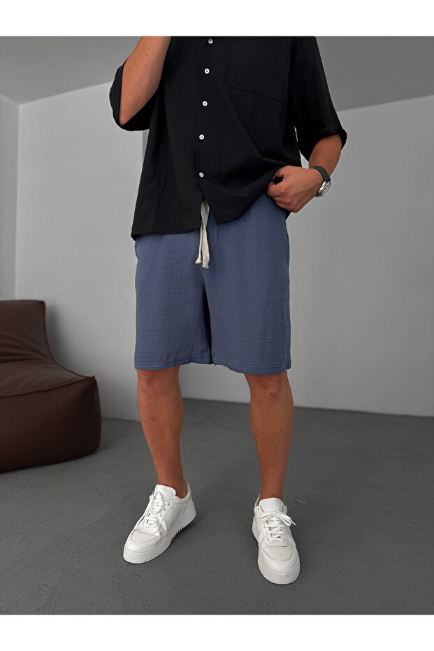 Lacivert Müslin Kumaş Basic Şort KE-7002 - 1