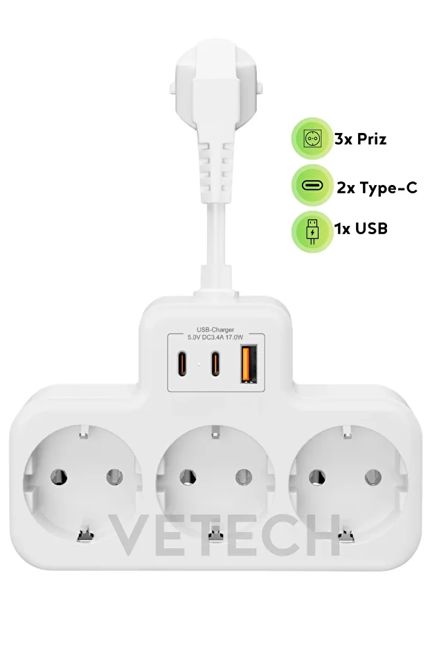 Akım Korumalı Grup Priz Duvar Tipi 3x Priz, 2x Type-C, 1x USB Port Çıkışlı Çoklu Priz - 1