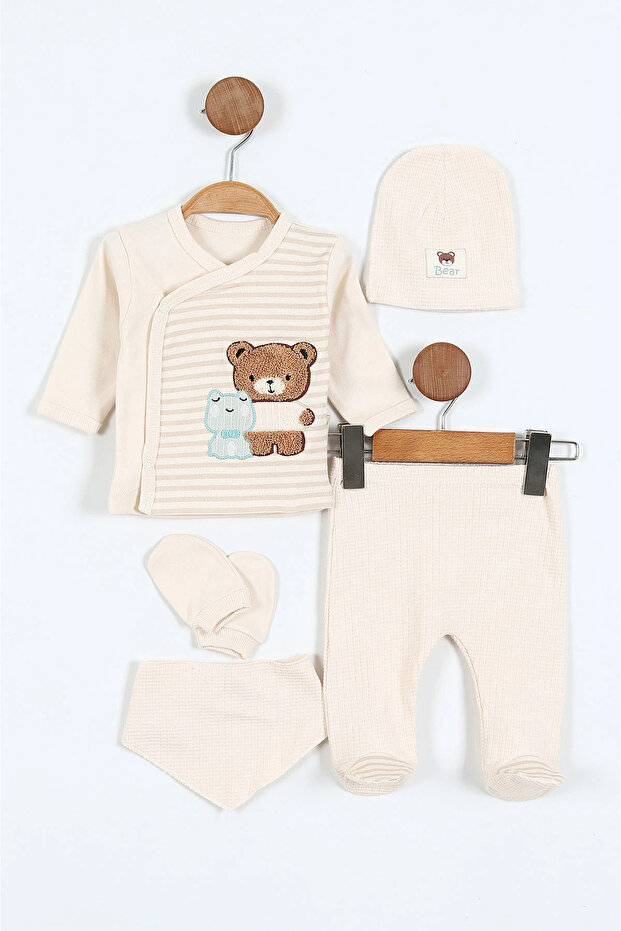 Cotton Newborn Teddy Bear Embroidered Striped Baby 5-Piece Bodysuit Set with Booties - Hospital Release Cream