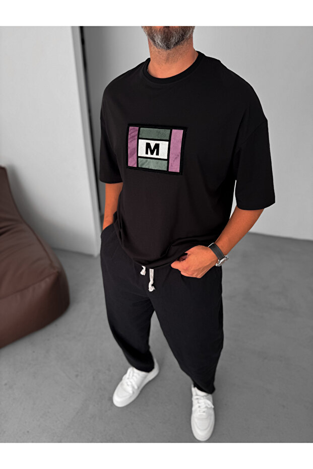 Siyah Renkli M Patchli Oversize T-Shirt BY-072 - 4