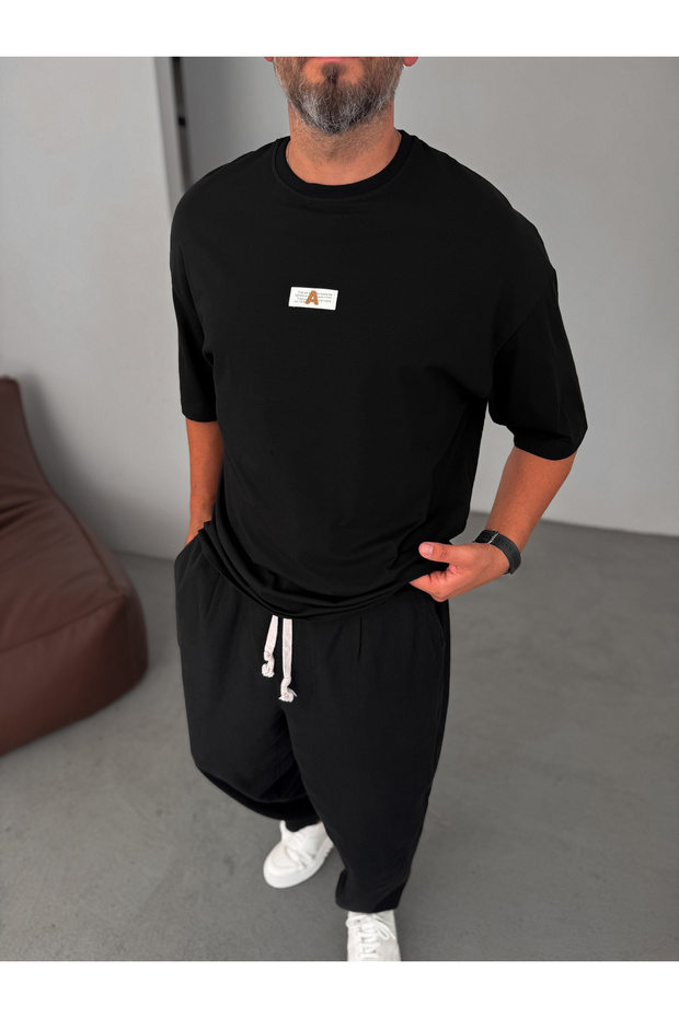 تي شيرت أسود كبير الحجم مزين برقعة على شكل حرف A BY-079 - 3