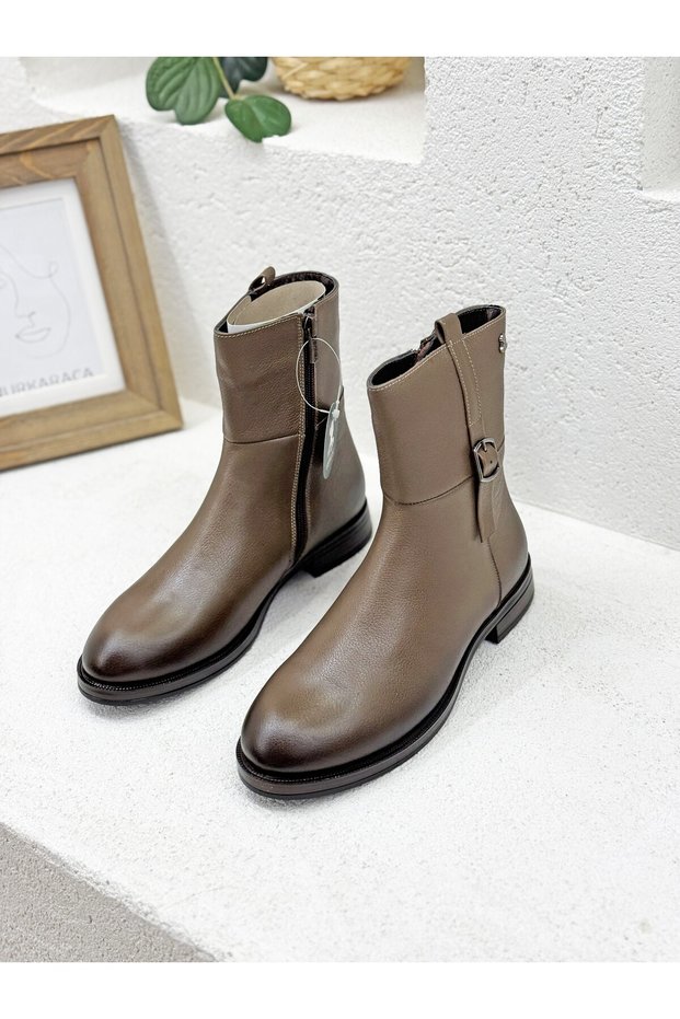 2552701K Khaki Leather Midi Boots with Buckle Detail for Women