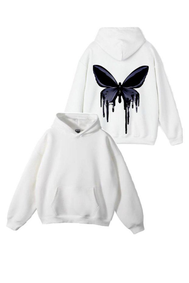 New Season Butterfly Printed 3 Thread Cotton Hooded Sweatshirt Sebesta Fashion