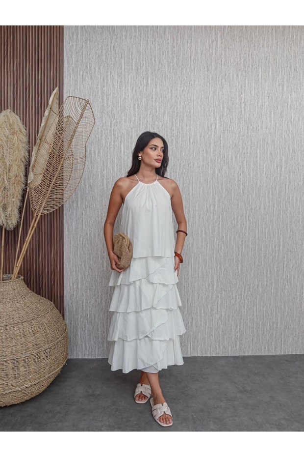 Boyun Bağlı Kat Kat Elbise - 1