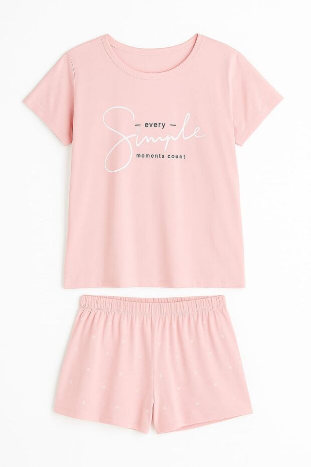 Pembe %100 Pamuk Kadın Şortlu Pijama Takımı – Yumuşak Kumaş, Rahat ve Şık Ev Giyim - 5
