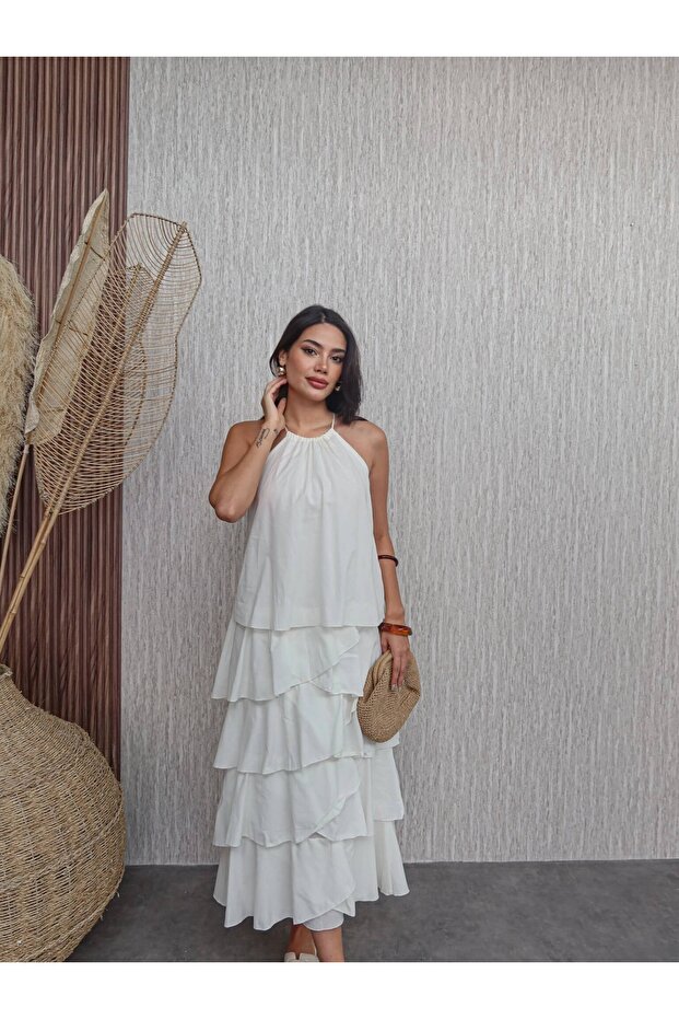 Boyun Bağlı Kat Kat Elbise - 2