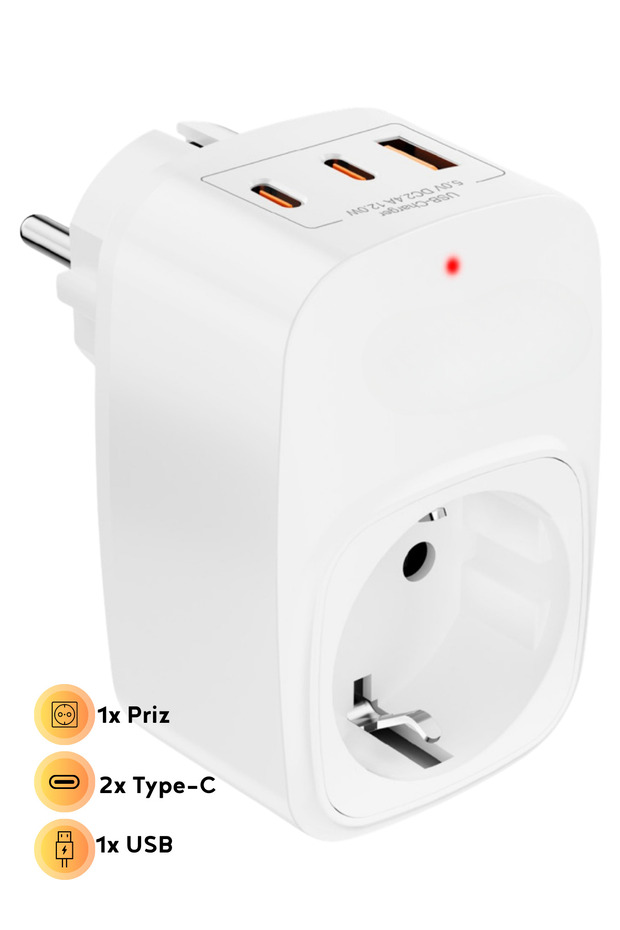 Akım Korumalı Priz 1x Priz, 2x Type-C, 1x USB Port Çıkışlı Tekli Priz - 1