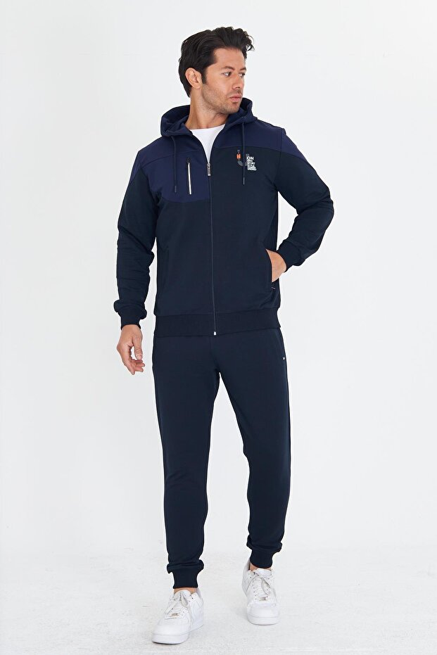 Men's Cotton Hooded Tracksuit Set Navy Blue 5739-L