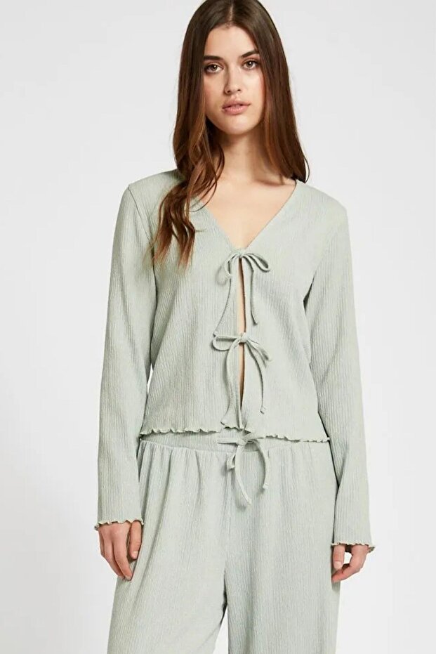 Women's Front Tie Kimono Green New Season Comfortable Fit, Women's Blouse