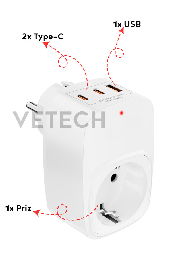Akım Korumalı Priz 1x Priz, 2x Type-C, 1x USB Port Çıkışlı Tekli Priz - 4