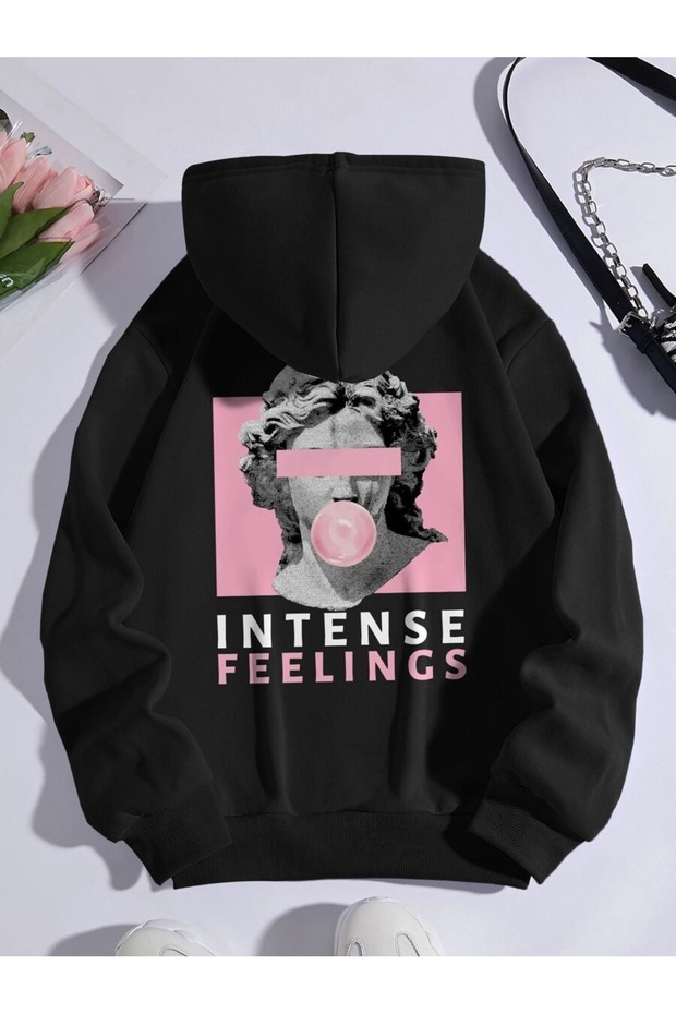 Women's Black Intense Feelings Printed 3 Thread Hoodie Sweatshirt