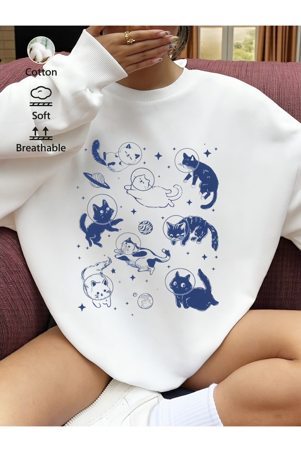 سويت شيرت مطبوع بأكمام طويلة وقصة كبيرة الحجم - 1