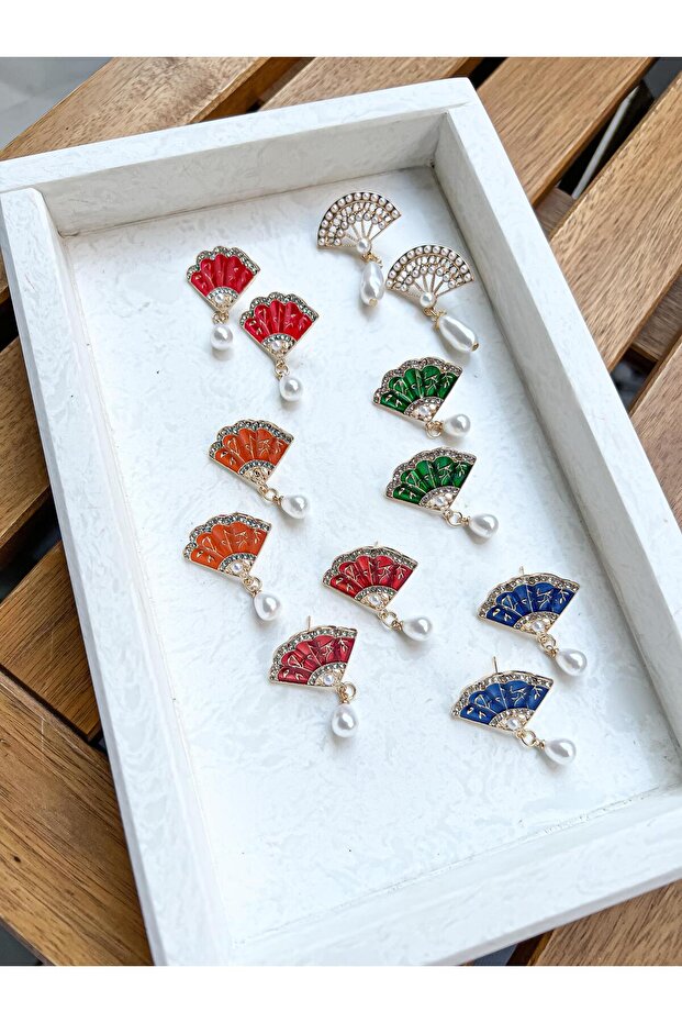 Orange Color Zircon Stone Pearl Dangle Fan Earrings