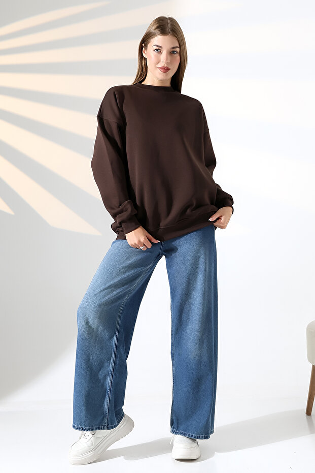 Ribbed Crew Neck Oversize Sweatshirt 21620 Brown