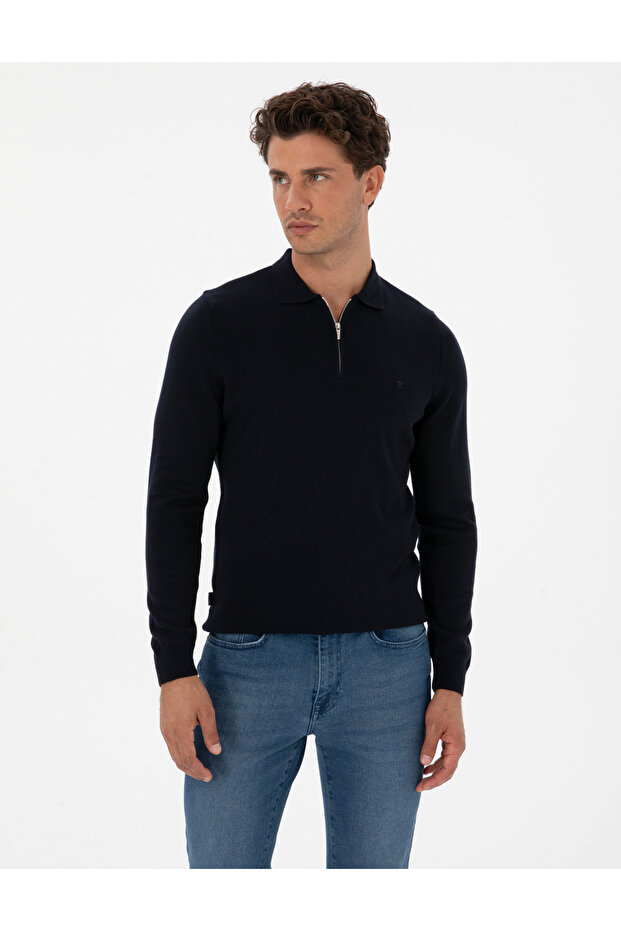 Navy Blue Slim Fit Polo Neck Zippered Basic Knitwear Sweater 50315406-Vr033
