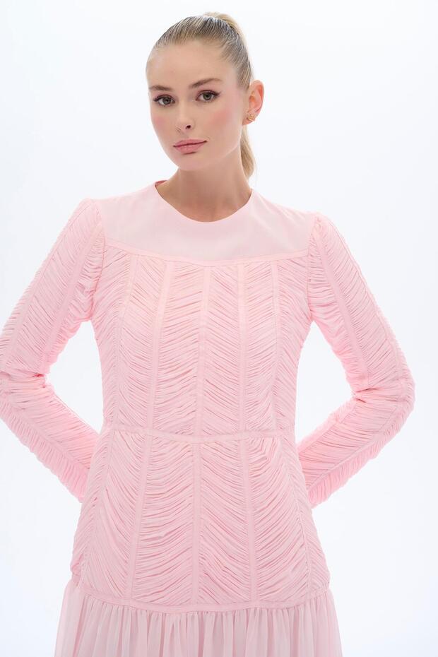 EMPİRDE DETAYLI ELBİSE Pembe - 3