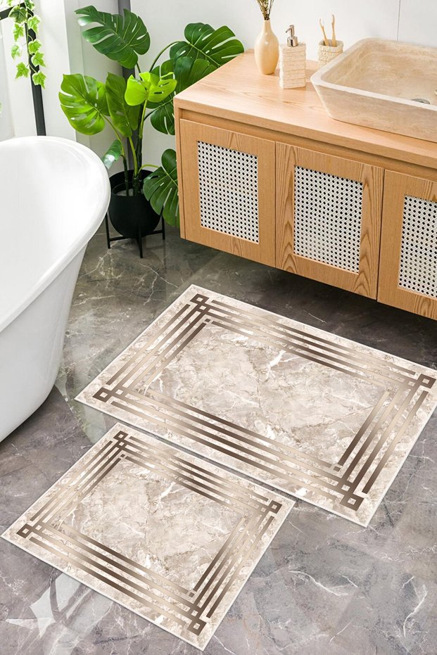 Digital Printing Framed Marble Pattern Non-Slip Base Set of 2 Bathroom Mat Toilet Set (50X60Cm-60X10