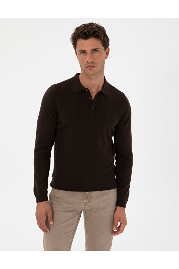 Dark Brown Slim Fit Polo Neck Basic Knitwear Sweater 50315405-Vr084