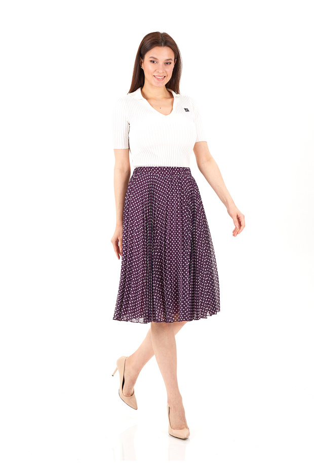 Midi Length Polka Dot Pleated Chiffon Skirt