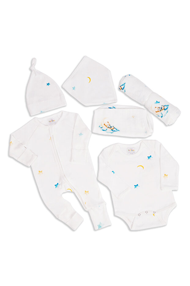 Sleeping Blue Teddy Bear Moon Baby Set Combo 6 Pcs,(Sleep suit/Body suit/Burp cloth/Hat/Bib/Swaddle)