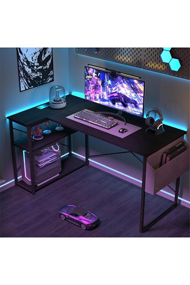 SKY-TOUCH L-Shaped Computer Desk, Study Desk, Corner Gaming Table, with Storage Bag & Storage Shelve - 3