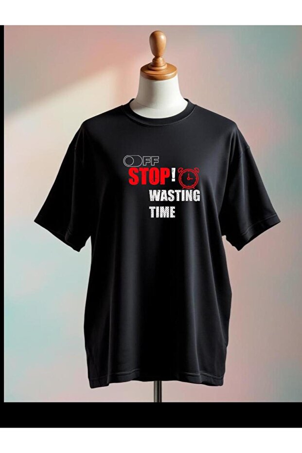 Stop Wasting Time Printed Oversize Black Tshirt