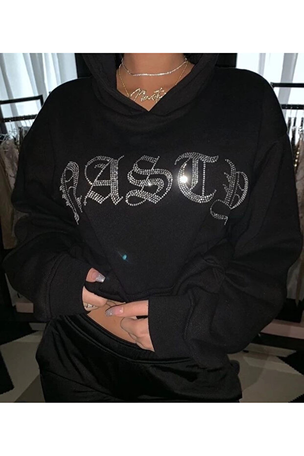 Black Unisex Oversize Based Glitter Stone Printed Sweatshirt