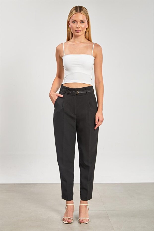 Women's Belted Carrot Fabric Trousers - Black