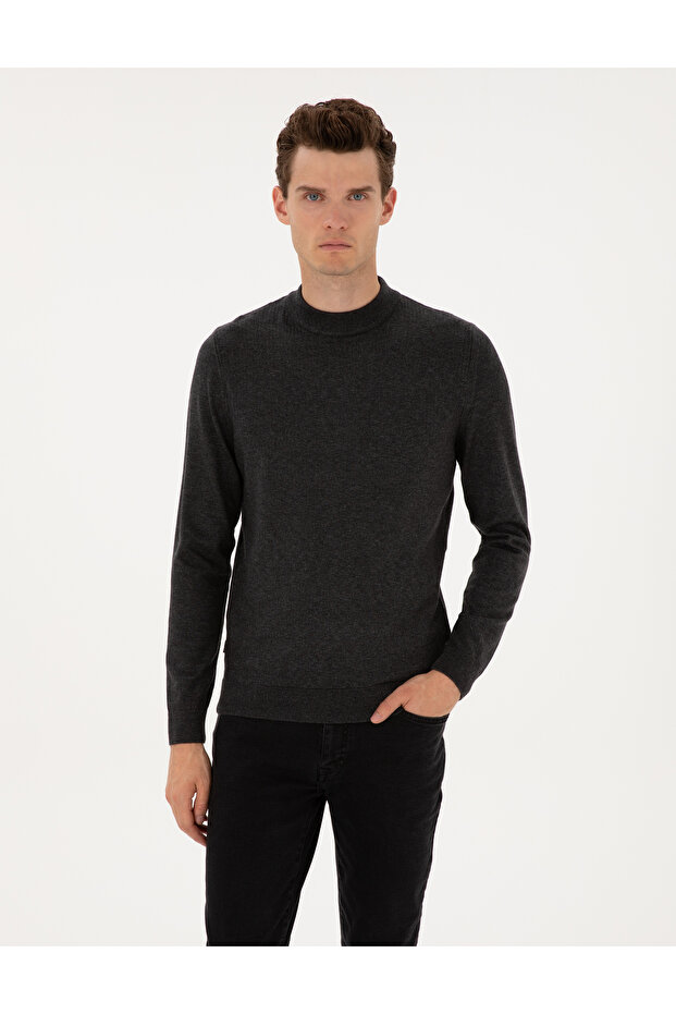 Anthracite Melange Slim Fit Quarter Collar Knitwear Sweater 50315728-Vr081