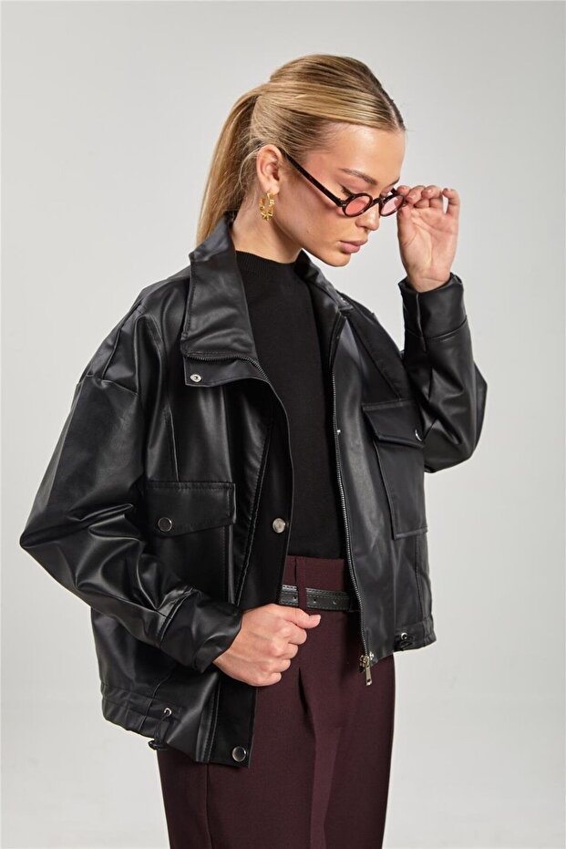 Women's Leather Look Double Pocket Jacket - Black