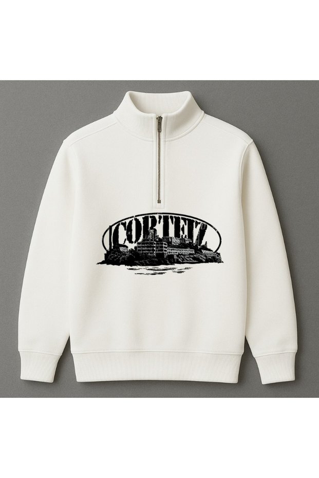 Crtz Printed Street Style Half Zipper Stand Collar 3 Thread Thick Winter Women'S/Men's Unisex Sweatshirt