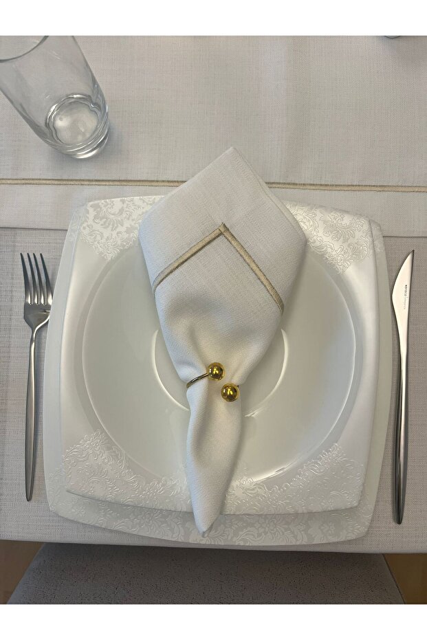 Polyester Linen Gold Pique Detailed Off-White Napkin 40X40 - 6 Pieces
