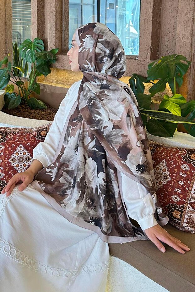 Çiçek Desen Bambu Şal Camel - 4