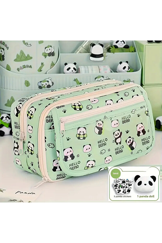 2025 New Girls Pencil Case Panda(Plush One Brooch+ Doll+5 Pcs Stickers+2 Clips)