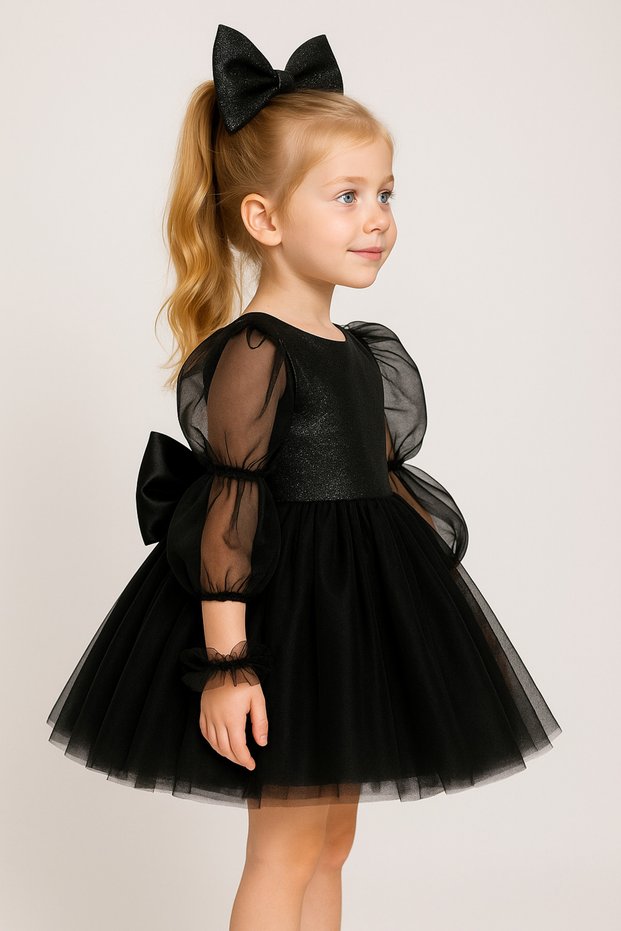 Tulle Sleeve Girls' Dress, Black, White, Red, Blue, Fuchsia, Tulle Children's Dress