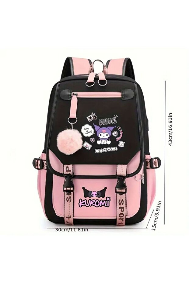 Large Anime Sanrio Kuromi School Bag with Pom Poms Kuromi Girl's School Backpack