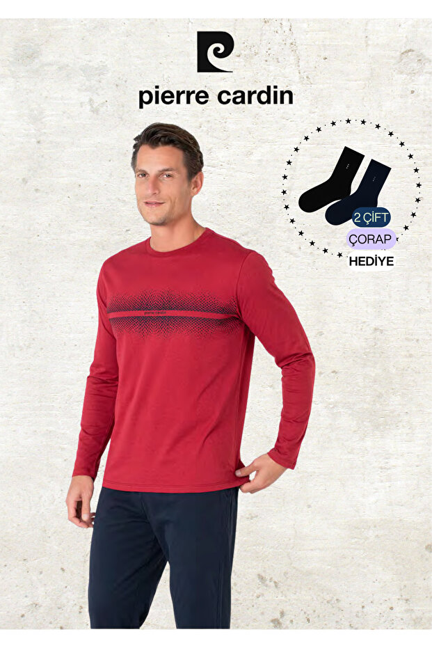 Men's 100% Cotton Long Sleeve Patterned Claret Red Pajama Set (2 Gift Socks) L1.Pc.6102.001