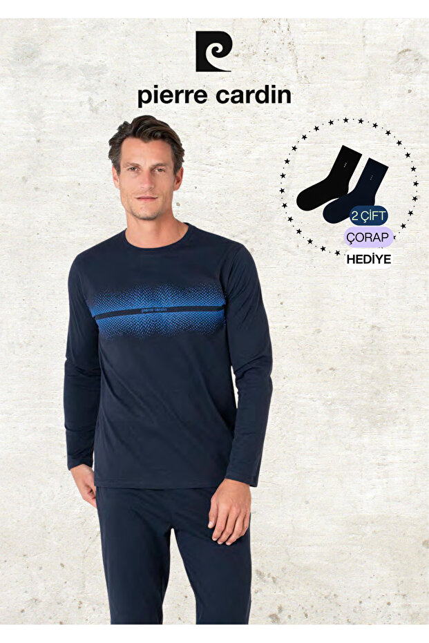 Men's 100% Cotton Long Sleeve Patterned Navy Blue Pajama Set (2 Gift Socks) L1.Pc.6102.001