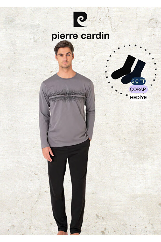 Men's 100% Cotton Long Sleeve Patterned Dark Gray Pajama Set (2 Gift Socks) L1.Pc.6102.001