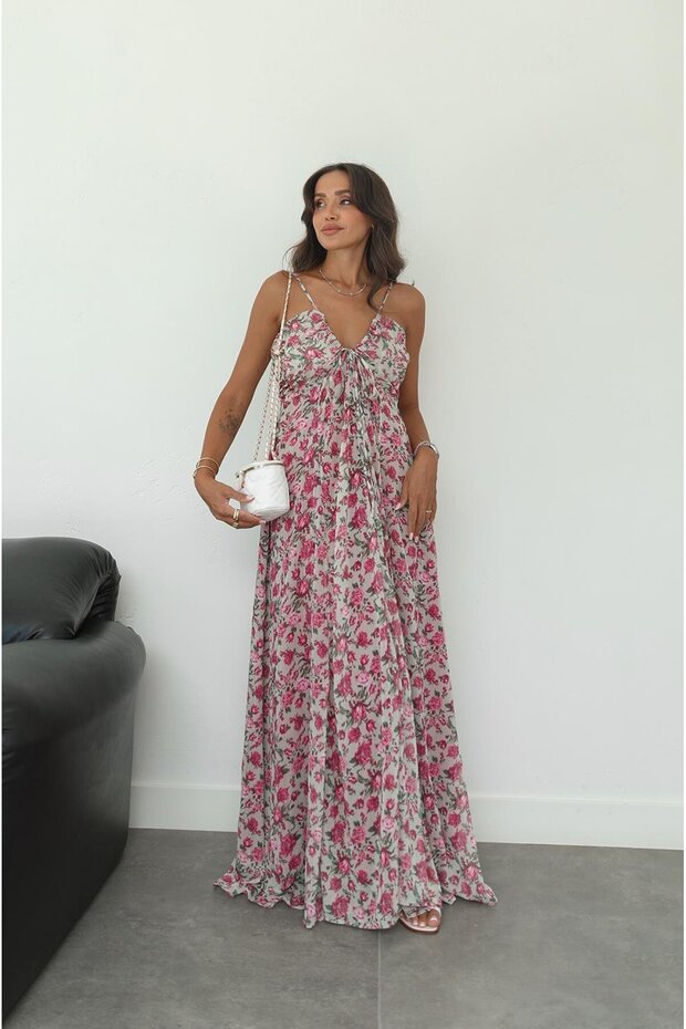 Pembe İp Askılı Şifon Elbise - 3