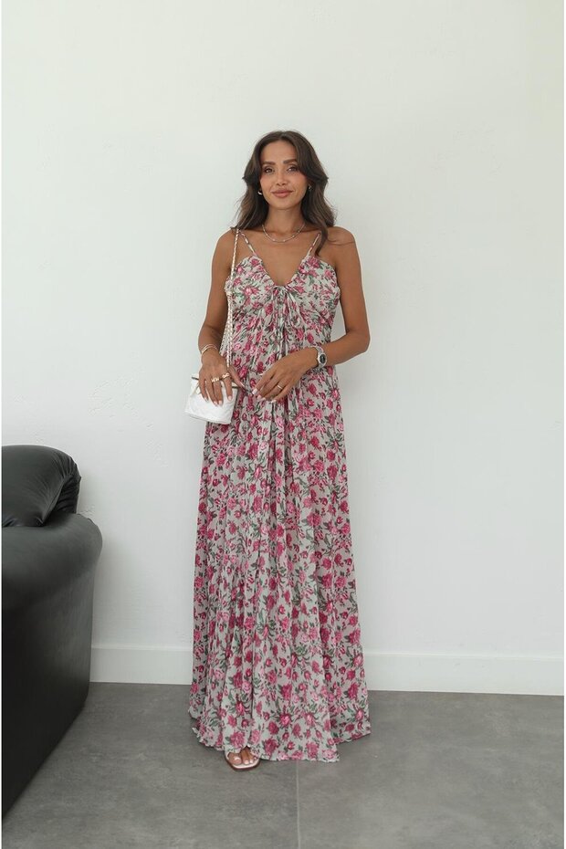 Pembe İp Askılı Şifon Elbise - 1