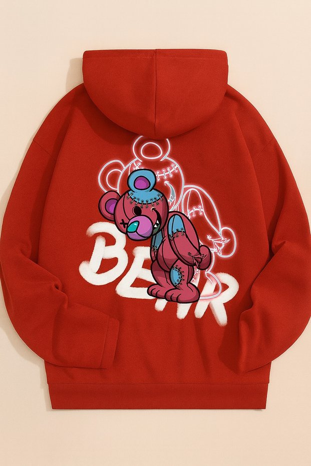 Unisex Oversize 3 Thread Hoodie 🧸 ✨ Bear Patterned Hooded Sweatshirt Casual Comfortable Streetwear Style
