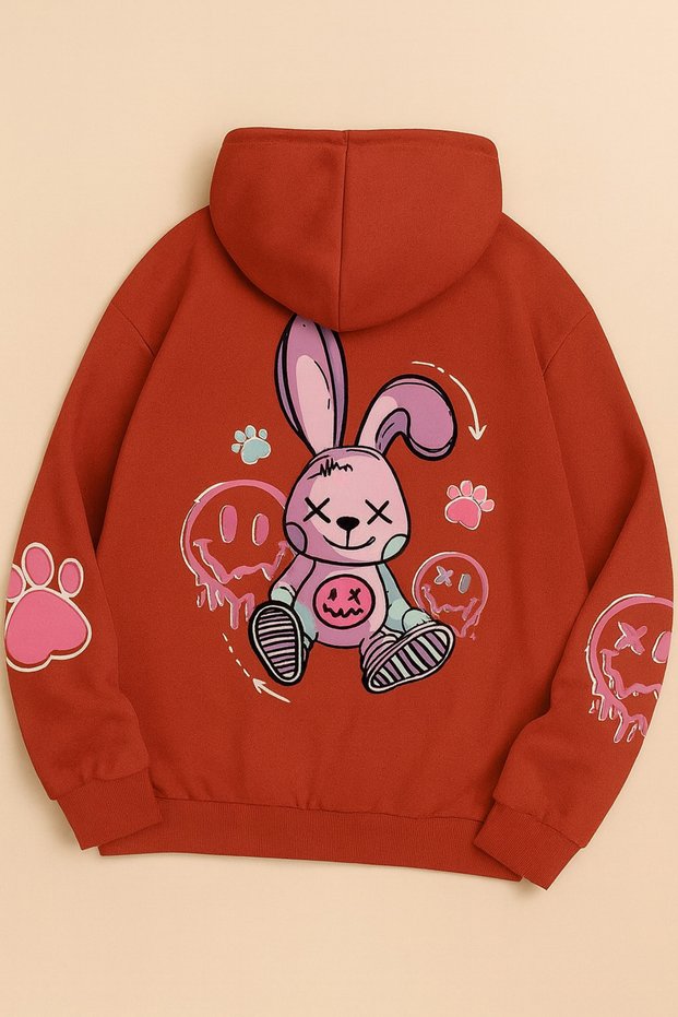 Unisex Oversize 3 Thread Hoodie 🐰 🐾 Bunny Patterned Hooded Sweatshirt Casual Comfortable Streetwear Style