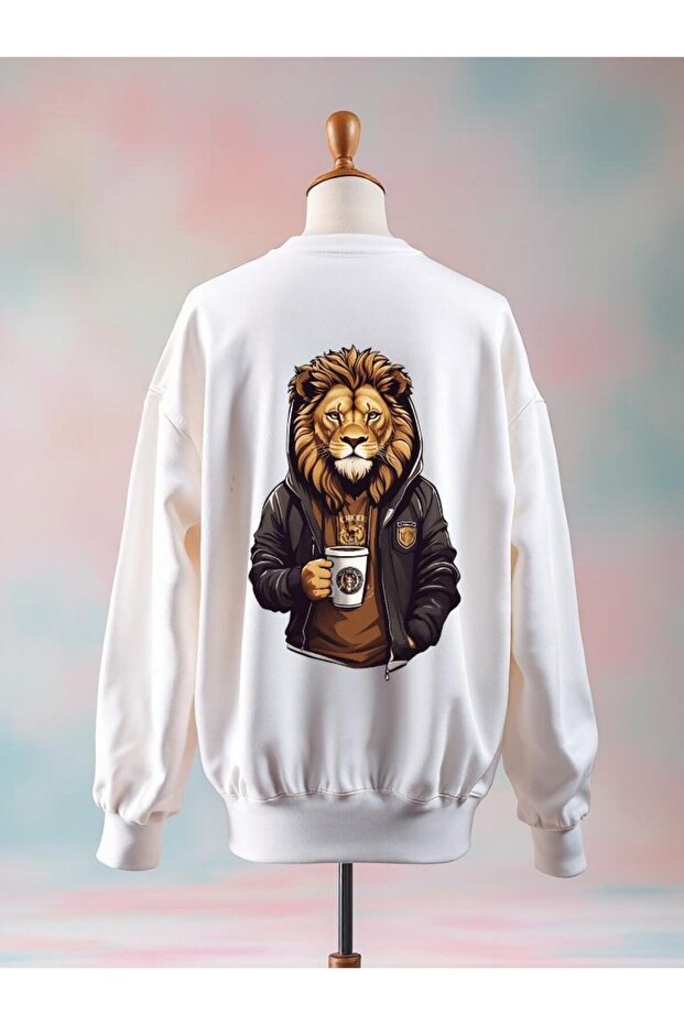Lion Printed Cotton 3 Yarn Oversized White Sweatshirt